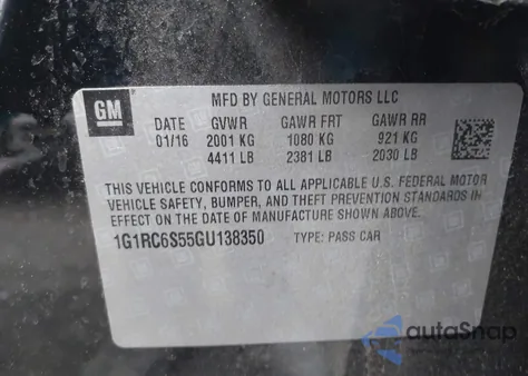 2016 Chevrolet Volt Lt z USA, uszkodzony, nr VIN 1G1RC6S55GU138350